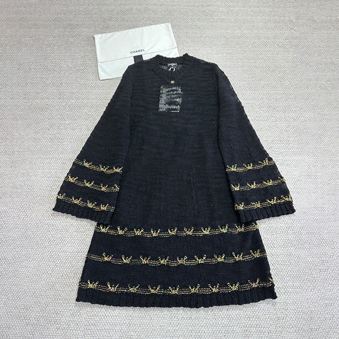 chanel metallic thread openwork long sleeve knit mini dress